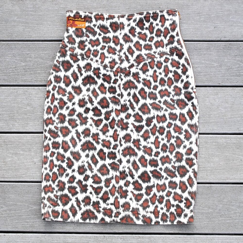 80s leopard print high waist skirt by Network Sz 12 heavy denim, side zipper